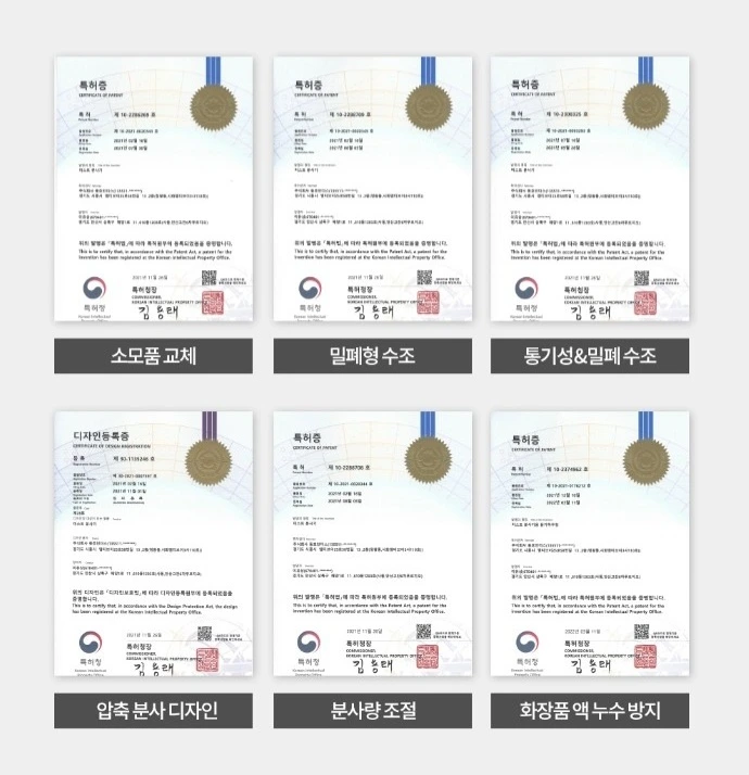 코스매틱 에어젯 특허증 6종: 소모품 교체, 밀폐형 수조, 통기성 및 밀폐 수조, 압축 분사 디자인, 분사량 조절, 화장품 액 누수 방지